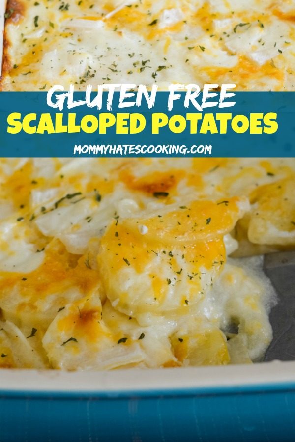 gluten free scalloped potatoes in a baking dish with cheese