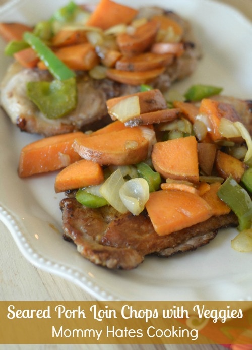 Seared Pork Loin with Sweet Potatoes, Onions, & Green Peppers - The perfect simple, bugdet friendly dinner! #HeatandServe {ad}