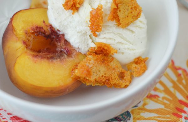 Roasted White Peaches with Honeycomb and Vanilla Ice Cream #Breyers150 #ad